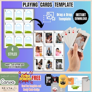 May include: A digital playing cards template for Canva featuring a grid of card layouts, a hand holding a fan of custom photo cards, and a box template. The sheet is US letter size, 8.5 by 11 inches, with text including Playing Cards Template.