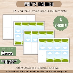 May include: A collection of templates with a green and blue design, including the text "WHAT'S INCLUDED" and "4 editable Drag & Drop Blank Template." The templates are US Letter size, 8.5 x 11 inches, and editable in Canva.