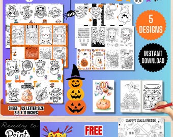 May include: A Halloween mini coloring booklet digital file set featuring 5 designs, including various black and white line art illustrations of ghosts, pumpkins, and bats. The text reads HALLOWEEN MINI COLORING BOOKLET, 5 DESIGNS, INSTANT DOWNLOAD, and SHEET: US LETTER SIZE 8.5 X 11 INCHES.