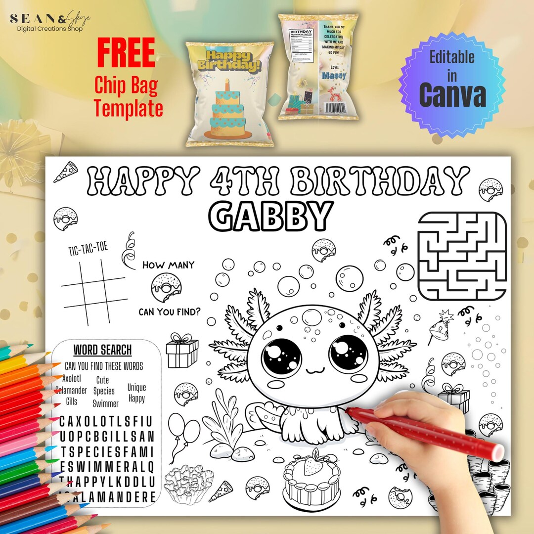 Editable Axolotl Birthday Party Activity Sheet, Axolotl Party, Coloring ...