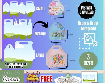May include: A Gable Box Template Bundle featuring small, medium, and large box designs with dimensions of 3 by 2 inches, 3.5 by 3.4 inches, and 6 by 3.3 inches. Includes US Letter size 8.5 by 11 inches sheets, drag and drop templates, and a free bonus.