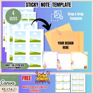 May include: A digital sticky note template set featuring four sizes, a drag and drop interface, and US letter size 8.5 by 11 inches sheets. Includes birthday-themed borders, a blank orange note with a paperclip, and a mini to-do list template.