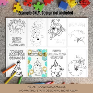 May include: A set of eight printable coloring pages with various designs, including a seahorse, narwhal, and birthday-themed illustrations. The pages feature the phrases "Birthday Vibes Only," "Happy Birthday," and "Let's Party and Color!" along with the text "Example ONLY. Design not included."
