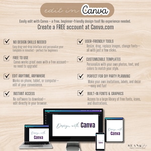 May include: Promotional image for Canva, a free design tool. The image features a laptop, desktop, tablet, and phone displaying the Canva interface. Text highlights features like user-friendly tools, customizable templates, and instant access. The Canva logo is visible.