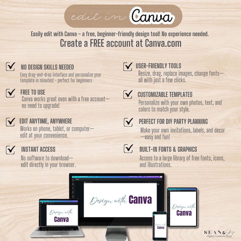 May include: Promotional image for Canva, a free design tool. The image features a laptop, desktop, tablet, and phone displaying the Canva interface. Text highlights features like user-friendly tools, customizable templates, and instant access. The Canva logo is visible.