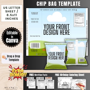 Modèle de sac de chips, Modèle personnalisé de sac de chips, Décorations de fête, Téléchargement immédiat, Cadeaux d'anniversaire, Sacs de chips de fête, Sacs de chips, BT1