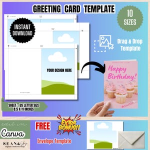 May include: Greeting card template with "Instant Download" and "Your Design Here" text. Includes 10 sizes and a drag & drop template. The image shows a pink birthday card with cupcakes and the text "Happy Birthday!"