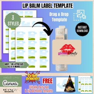 Peut inclure: Un modèle d'étiquette pour baume à lèvres numérique comprenant trois feuilles de 21,59 x 27,94 cm, une interface glisser-déposer et un tube de baume à lèvres avec une étiquette beige, un logo de lèvres rouges et le texte Gloss Beauty Hydrating Lipbalm.