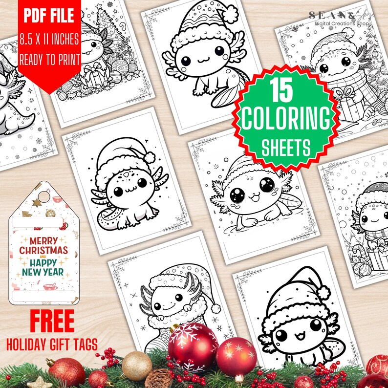 Axolotl Coloring Pages Printable, Cute Axolotl Christmas, Christmas ...