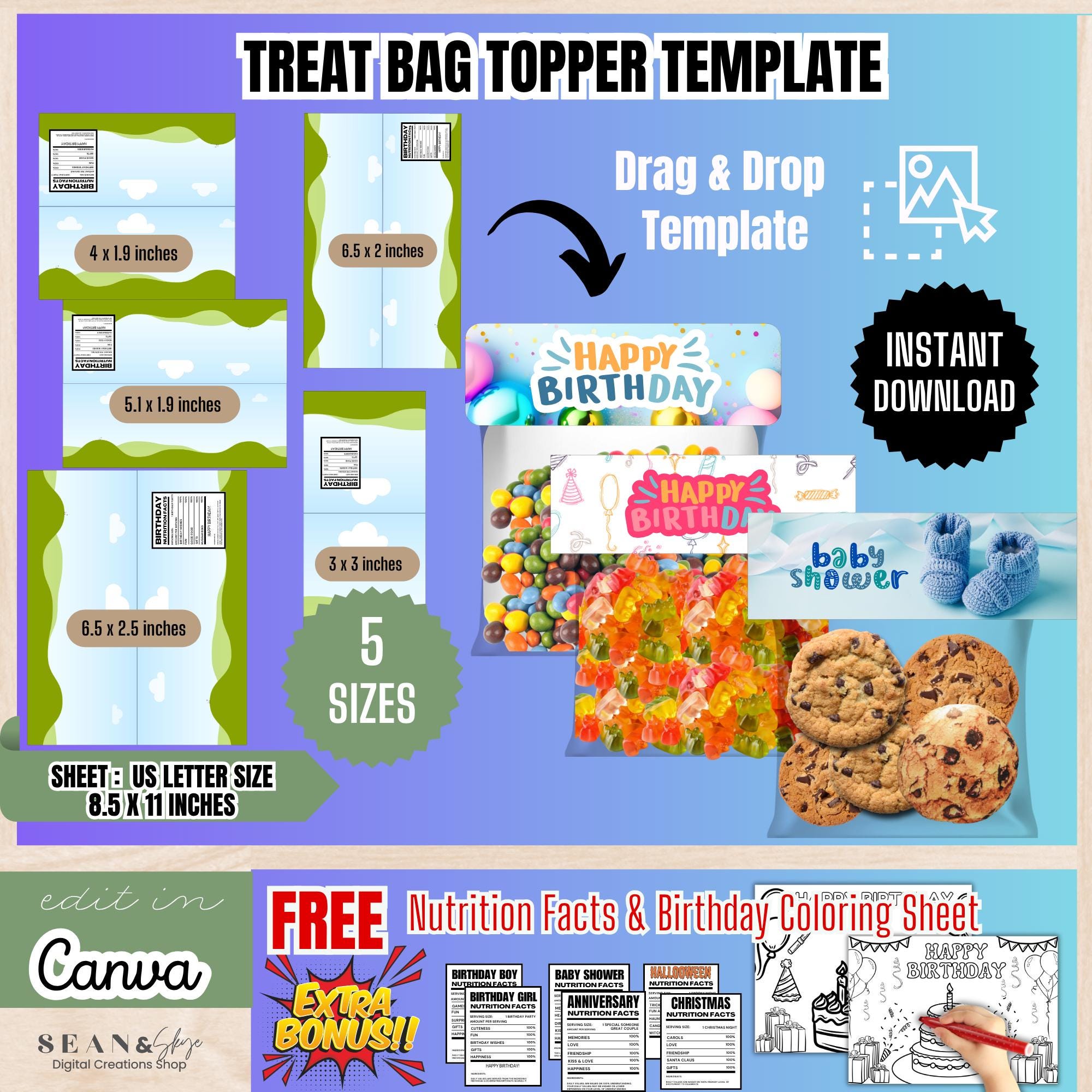 Treat Bag Toppers Template Bundle,Party Favor Bag Template,Custom Party Favor Labels,Treat Bag Stickers,Printable Bag Topper, BT1