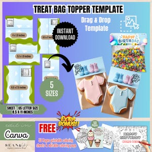 トリートバッグトッパーテンプレートバンドル、パーティーギフトバッグテンプレート、カスタムパーティーギフトラベル、トリートバッグステッカー、印刷可能なバッグトッパー、BT1