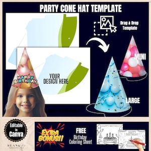 Partyhut Vorlagen, Benutzerdefinierte Partyhut, DIY Partyhut, Papierhut Vorlage, Canva Bearbeitbare Vorlagen BT1