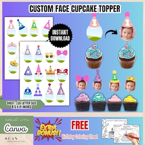 Custom Cupcake Topper Template, Face Cupcake Topper, Birthday Cake Topper, Cupcake Birthday, Canva Editable, Party Favors, BT1