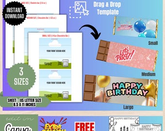 Chocolate Bar Template Bundle,  Chocolate Wrapper Template, Candy Bar Wrapper, Party Favors Template Designs, Chocolate Labels, BT1