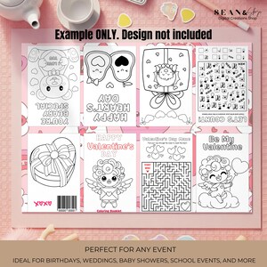May include: A collection of Valentine's Day coloring pages with various designs, including a bear, hearts, a gift box, and an angel. The text "Example ONLY. Design not included" is at the top. The text "HAPPY Valentine's DAY" and "Be My Valentine" are also visible.