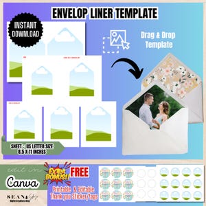 May include: An envelope liner template set on an 8.5 by 11 inch US letter size sheet. The digital file features drag and drop functionality for Canva, including a floral pattern liner example and a sheet of printable thank you stickers.
