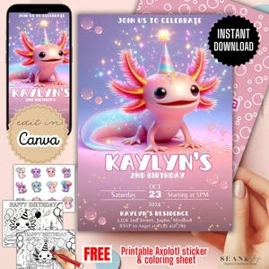 Op de afbeelding: Digitale uitnodiging voor een 2e verjaardag, met een roze axolotl met een feesthoedje. De uitnodiging bevat de tekst "Kaylyn's 2nd Birthday" en evenementdetails. Inclusief een gratis printbare axolotl-sticker en kleurplaat.