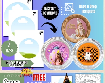 Editable Paper Plate Canva Template, Party Favor Templates Canva, Celebration Favors, DIY Party Favors, Birthday Paper Party Plates