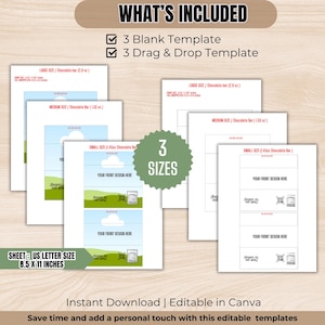 May include: An image showcasing editable templates for chocolate bar designs. The templates include three sizes, blank and drag-and-drop options, and are US letter size (8.5 x 11 inches). The text on the image says "What's Included" and "Instant Download | Editable in Canva."