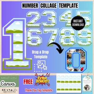 May include: A digital collage template featuring numbers 1 to 9, with a zero collage. The numbers are designed with space for photos. Includes a "Thank You Tag Template" and the text "Instant Download". The template is editable in Canva.