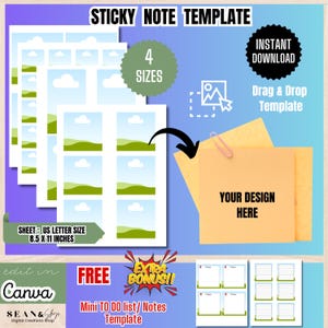 Puede incluir: Plantilla digital de notas adhesivas con el texto "STICKY NOTE TEMPLATE" y "4 SIZES". Incluye una "Drag & Drop Template" y el texto "YOUR DESIGN HERE". El tamaño de la hoja es de 21,6 x 27,9 cm.