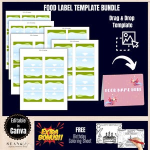 Étiquettes d'anniversaire pour aliments, Modèle de carte de visite, Modèle de carte pour tente, Buffet d'étiquettes d'aliments, Décorations de fête, Étiquettes d'aliments modernes, Étiquettes d'aliments pour fêtes, BT1