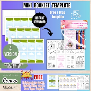 May include: A digital mini booklet template with the text "Mini Booklet Template" and "Instant Download". Includes a birthday coloring booklet, sticker sheet, and favor topper template. Sheet size is 21.59 x 27.94 cm.