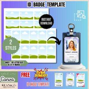 Op de afbeelding: ID-badge sjabloon met twee stijlen, direct downloaden en gratis bonus. Het velformaat is 21,6 x 27,9 cm. De sjabloon bevat een voorbeeld-ID-badge met een foto en de tekst "Sarah T. Jenkins, Lead Instructor."