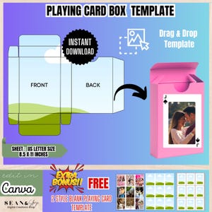 May include: A pink playing card box template with a photo of a couple, a diagram, and the text "PLAYING CARD BOX TEMPLATE". The template is US Letter size, 8.5 x 11 inches. Includes "Instant Download" and "Drag & Drop Template" text.