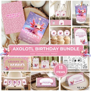 Op de afbeelding: Een axolotl verjaardagsfeestpakket met roze bubbelpatronen, een cartoon axolotl met een feesthoedje en tekst waaronder Kaylyn's 2nd Birthday. De set bevat uitnodigingen, cupcake toppers, waterfleslabels, een welkomstbord en diverse activiteitenbladen.