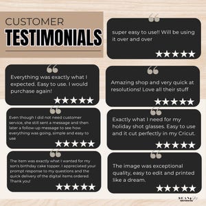 May include: A digital graphic featuring customer testimonials. The top text reads "CUSTOMER TESTIMONIALS". The testimonials are in black speech bubbles with white text and star ratings. The reviews mention ease of use, quality, and quick service.