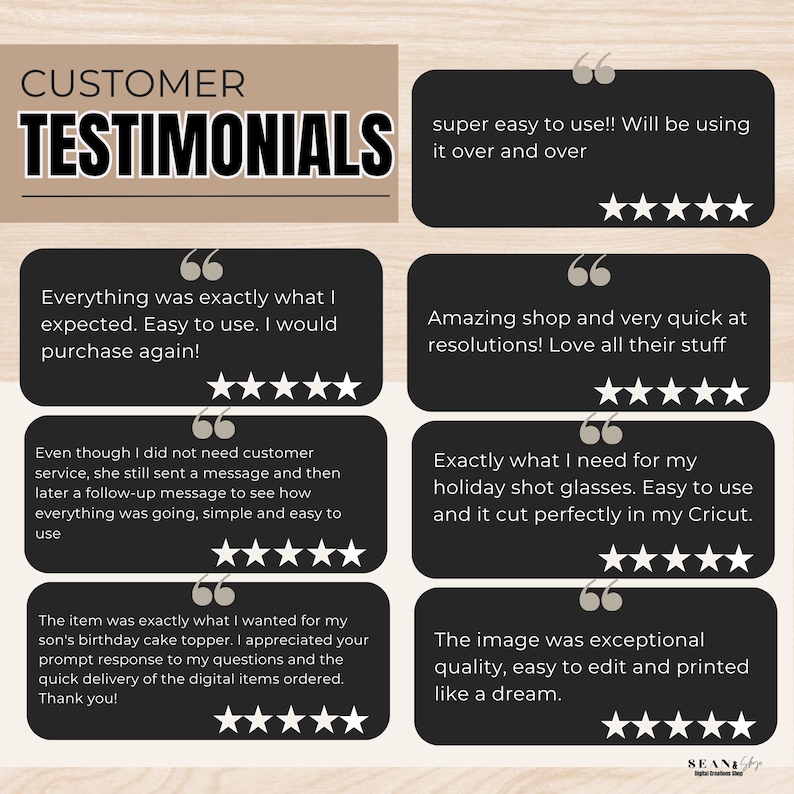 May include: A digital graphic featuring customer testimonials. The top text reads "CUSTOMER TESTIMONIALS". The testimonials are in black speech bubbles with white text and star ratings. The reviews mention ease of use, quality, and quick service.
