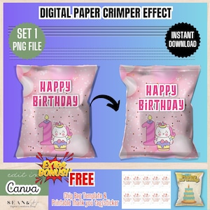 May include: A digital design featuring two pink chip bag templates with "Happy Birthday" text and a unicorn graphic. The design includes the text "Digital Paper Crimper Effect", "Set 1 PNG File", and "Instant Download". Additional text includes "Extra Bonus! FREE" and "Chip Bag Template & Printable Thank you tag/Sticker".