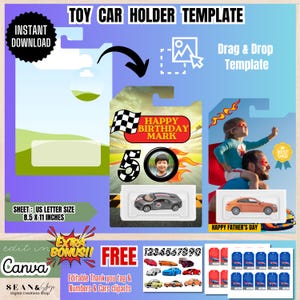 Confezione di macchinine giocattolo modificabile per compleanno, bomboniere per feste a tema auto da corsa, modello Canva personalizzato per giocattoli, bomboniera di compleanno a tema auto da corsa, modello di biglietto per macchinina giocattolo, BT1