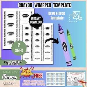 Könnte beinhalten: Vorlage für Wachsmalstifte mit dem Text "Crayon Wrapper Template" und "Instant Download". Enthält zwei Größen und ist im US-Letter-Format 21,6 x 27,9 cm. Enthält einen lila und grünen Wachsmalstift mit dem Namen "Kate".