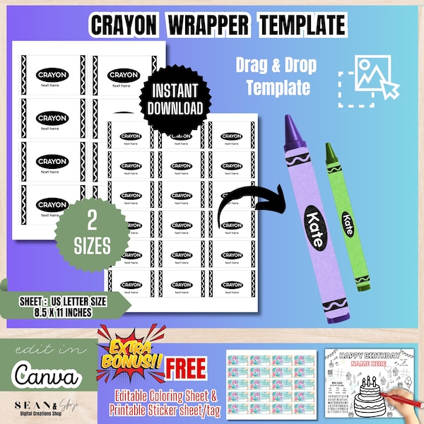 Editable Crayon Wrapper Template, School Supplies Label, Back to School Gift, DIY Party Favor for Kids, Crayon Party Favor