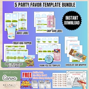 Bundle Party Favor Templates,Capri Sun Template,Chocolate Bar,Treat Bag Toppers,Thank you Tag, Printable Template,Editable Party Favors, BT1
