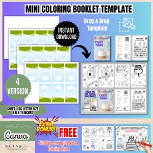 Mini Coloring Booklet Template,Printable Coloring Book,DIY Party Favor,Kids Activity Book,Party Favor Coloring Book,Canva Party Template,BT1
