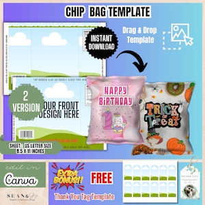 Peut inclure: Un modèle numérique de sachet de chips avec un fond bleu et vert. Le modèle comprend des motifs pour les sachets de chips sur le thème de l'anniversaire et d'Halloween. L'image montre également un modèle d'étiquette de remerciement et des instructions de modification Canva. La taille de la feuille est de 21,6 x 27,9 cm.