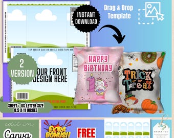 Chip bag Template, Custom Chip Bag Template, Party Decorations, Instant Download, Birthday Favors, Party Chip Bags,  Chip Bags, BT1