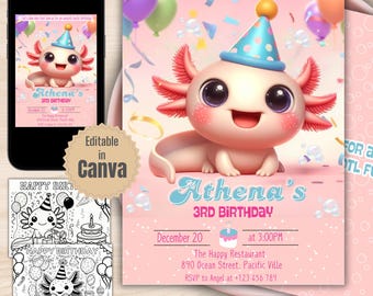 Editable Axolotl Birthday Invitation for kids, Kawaii Axolotl Invite, Customizable Axolotl Party Invite Template for Kids, Cute Axolotl