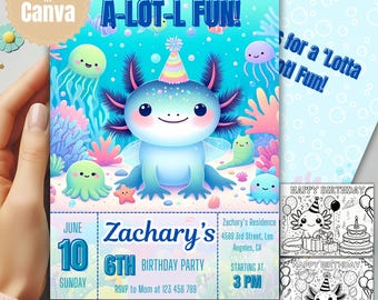 Editable Axolotl Birthday Invitation For Kids, Blue Boy Axolotl Invite, Customizable Axolotl Party Invite Template for Kids, Cute Axolotl