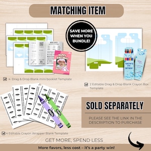 May include: A collection of party favor templates, including mini booklets, crayon boxes, and crayon wrappers. The image features a birthday card, crayons, and the text "Matching Item" and "Sold Separately".