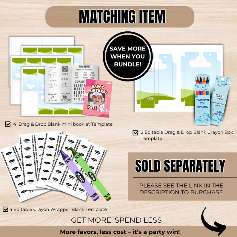 May include: A collection of party favor templates, including mini booklets, crayon boxes, and crayon wrappers. The image features a birthday card, crayons, and the text "Matching Item" and "Sold Separately".