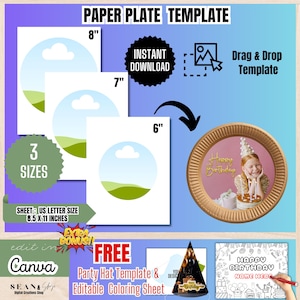 Puede incluir: Plantilla de plato de papel con tres tamaños: 15 cm, 18 cm y 20 cm. Incluye una opción de descarga instantánea y una plantilla de arrastrar y soltar. La imagen también presenta una plantilla de gorro de fiesta y una hoja para colorear editable. El texto "Happy Birthday" es visible.