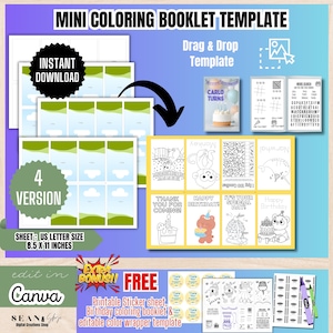 May include: A digital mini colouring booklet template for US letter size 8.5 x 11 inches. The graphic displays multiple pages with black and white line art, including a monkey, narwhal, birthday cakes, and word search puzzles, plus a bonus sticker sheet.