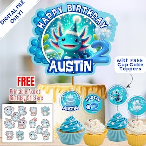 Leuke axolotl-taarttopper, aanpasbare axolotl-taarttopper, blauwe jongen axolotl, afdrukbare axolotl-taarttopper, baby axolotl, feestartikelen, AX1