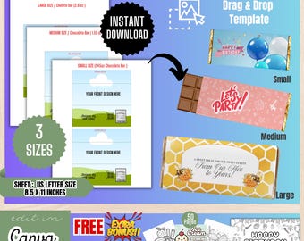 Chocolate Bar Template Bundle,  Chocolate Wrapper Template, Candy Bar Wrapper, Party Favors Template Designs, Chocolate Labels, BT1