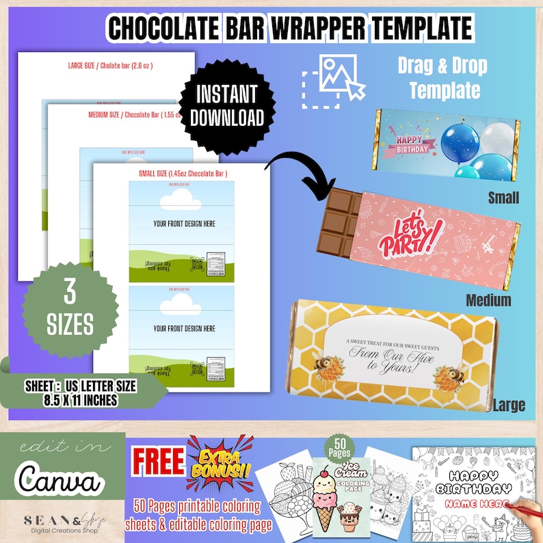May include: A digital template for chocolate bar wrappers in three sizes, with the text "Chocolate Bar Wrapper Template." Includes "Instant Download" and "Drag & Drop Template" options. The sheet size is 8.5 x 11 inches. Also includes a free bonus of 50 coloring pages.