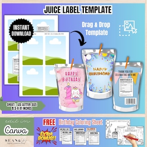 Capri Sun Template, Capri Sun Party Favor, Juice Pouch Label, Birthday Party Favors, Custom Caprisun, Juice Label Template, BT1